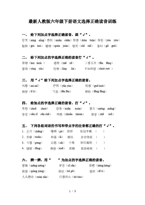 最新人教版六年级下册语文选择正确读音训练