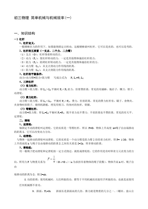 初三物理 简单机械与机械效率(一)及答案