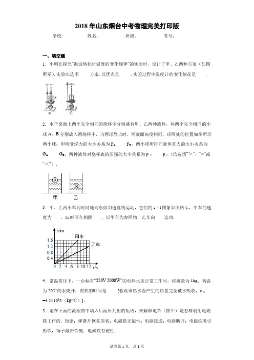 2018年山东烟台中考物理完美打印版