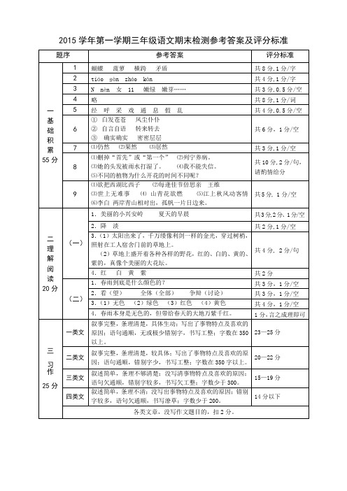 三年级语文上册教学质量检测试题(第一学期)参考答案