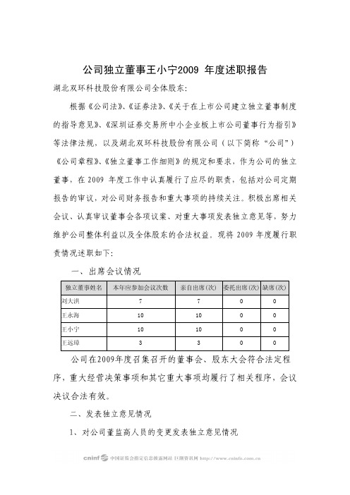 公司独立董事王小宁 述职报告