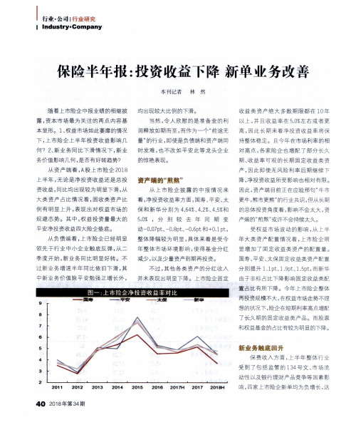 保险半年报：投资收益下降 新单业务改善