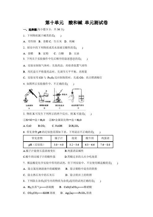 2020年人教版九年级化学下册 第十单元测试卷(含答案) 