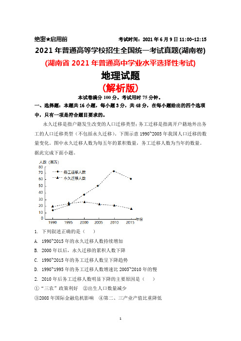 2021年普通高等学校招生全国统一考试真题(湖南卷)地理试题(解析版)