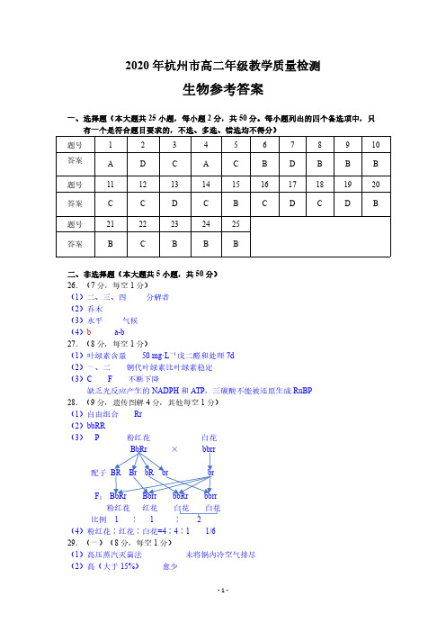 2020年杭州市高二生物参考答案