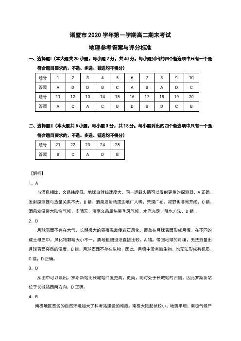 浙江省诸暨市2020-2021学年高二上学期期末考试地理答案