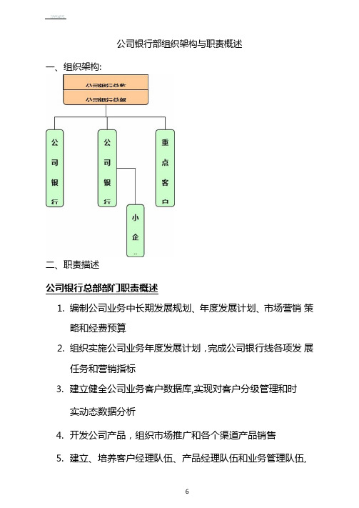 北京银行总行公司银行部组织架构与职责概述