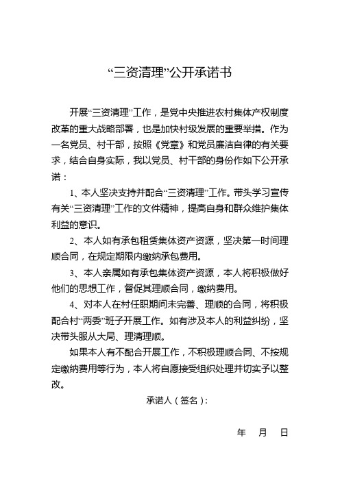 “三资清理”公开承诺书