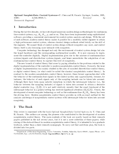 Optimal Sampled-Data Control Systems---T. Chen and B. Francis (Springer, London, 1995, ISBN