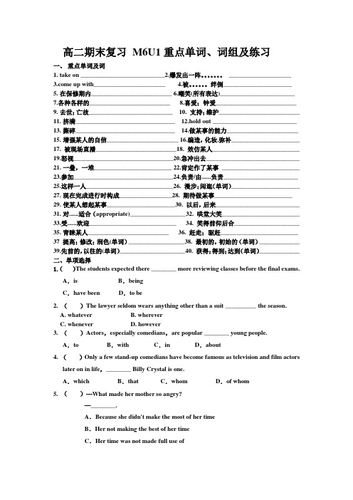牛津译林版高中英语选修六   高二期末复习 M6U1重点单词、词组及练习