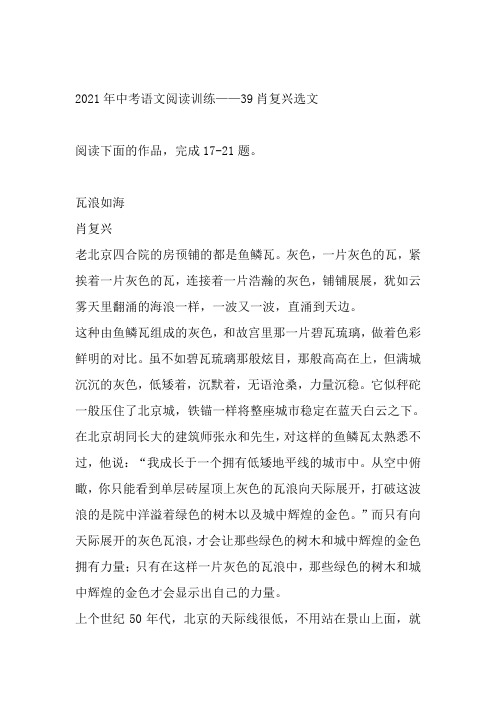 2021年中考部编版语文现代文阅读系列-肖复兴选文