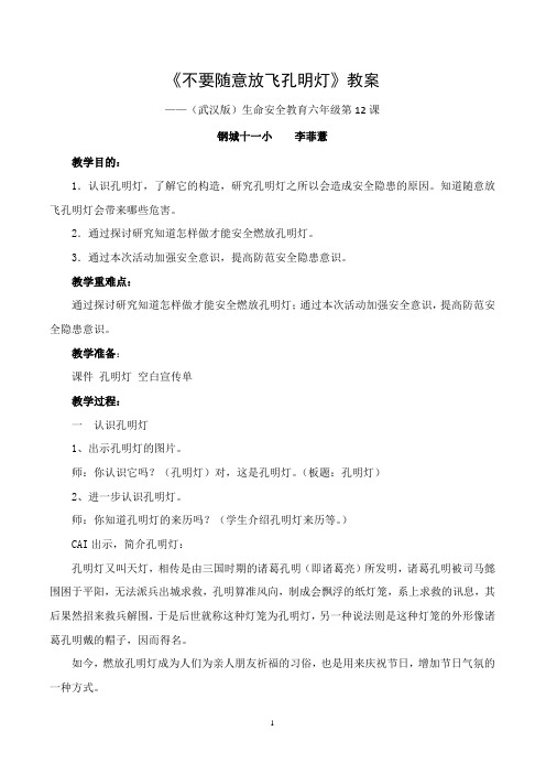 《不要随意放飞孔明灯》教案