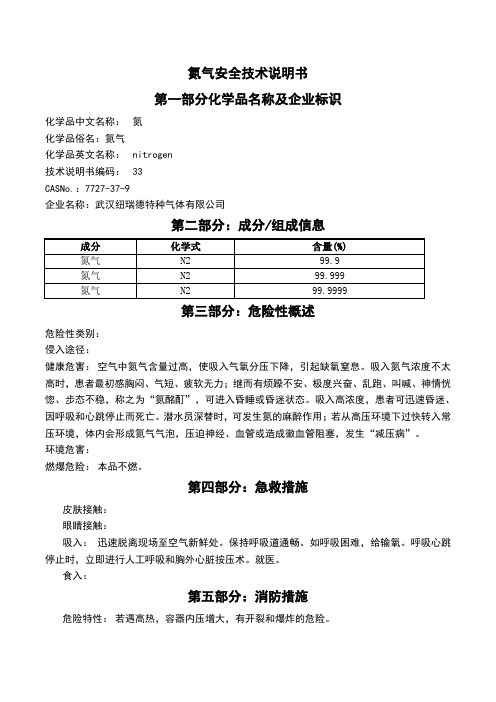 氮气安全技术说明书MSDS
