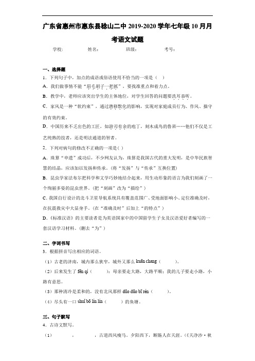 广东省惠州市惠东县稔山二中2020至2021学年七年级10月月考语文试题