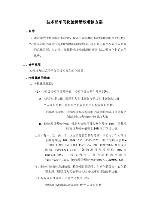 技术部车间化验员绩效考核方案