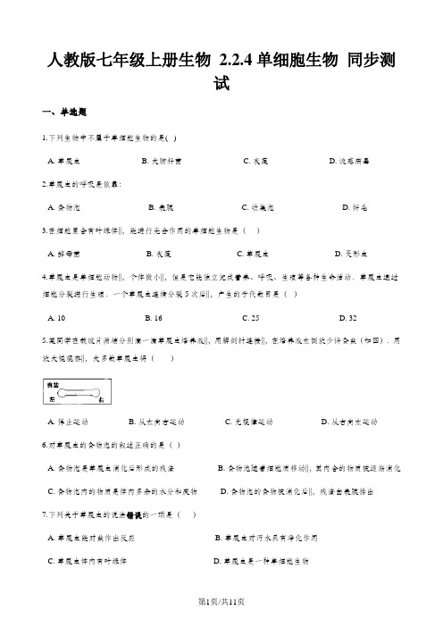 人教版七年级上册生物 2.2.4单细胞生物 同步测试