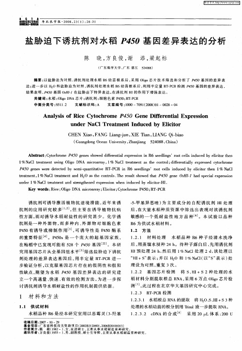 盐胁迫下诱抗剂对水稻P450基因差异表达的分析