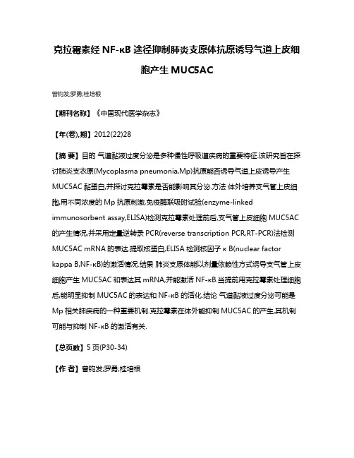 克拉霉素经NF-κB途径抑制肺炎支原体抗原诱导气道上皮细胞产生MUC5AC