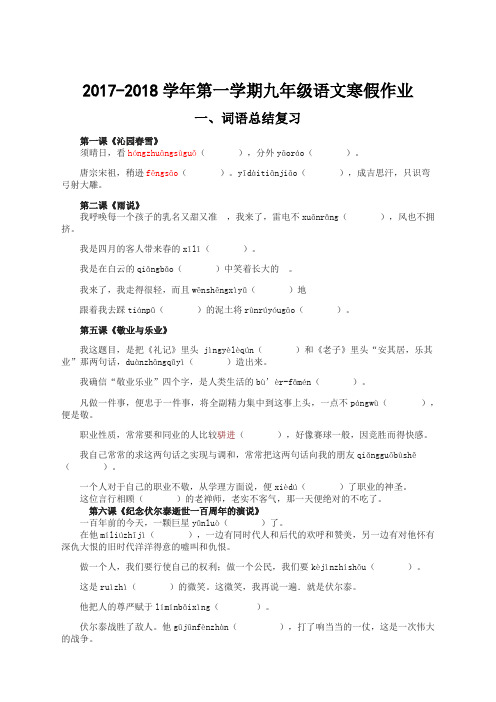 2017-2018学年第一学期九年级语文寒假作业