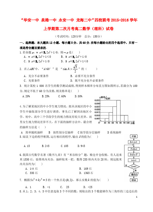 福建省四地六校2015_2016学年高二数学上学期第二次联考(11月)试题理