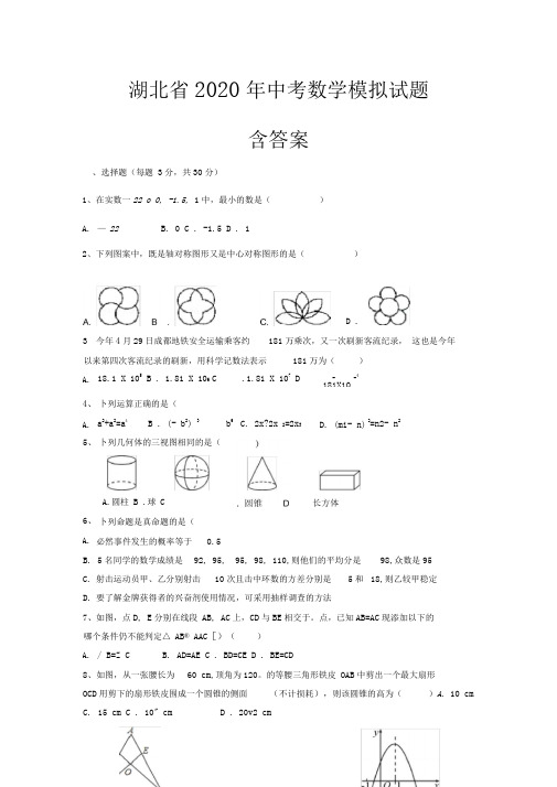 湖北省2020年中考数学模拟试题(含答案)