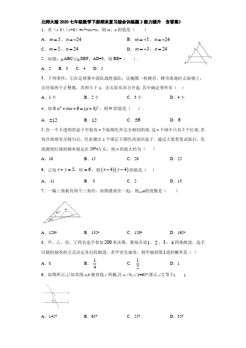 北师大版2020七年级数学下册期末复习综合训练题2(能力提升  含答案)