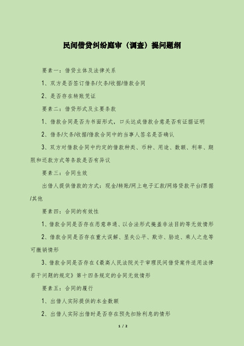 民间借贷纠纷庭审(调查)提问题纲