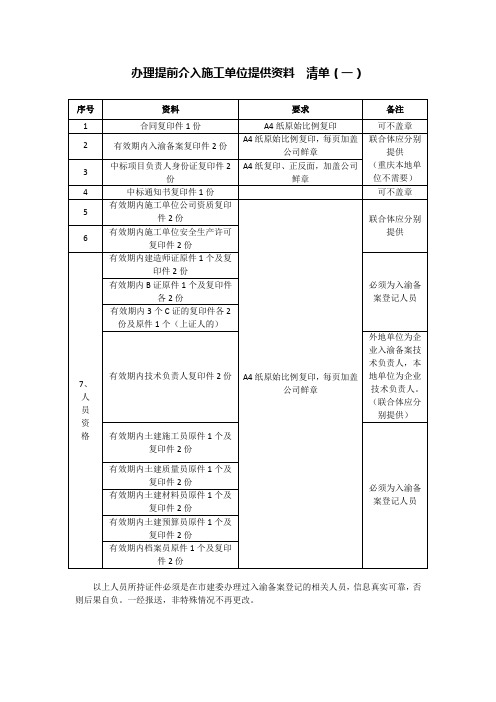 办理提前介入施工单位提供资料  清单(一)