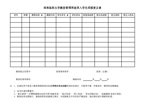西南医科大学教务管理系统录入学生成绩更正表【模板】
