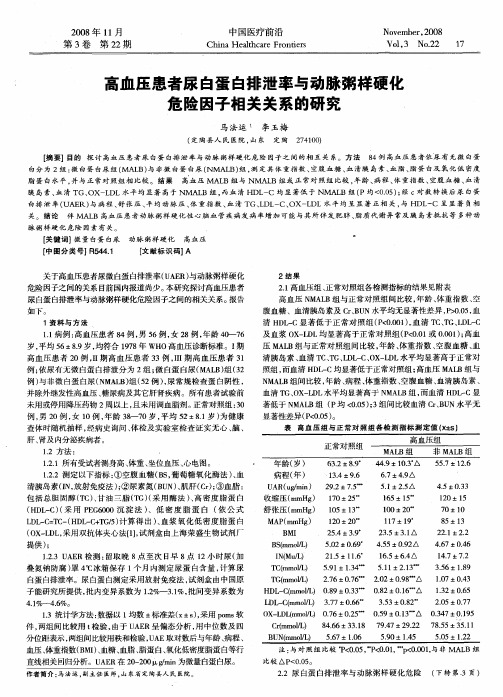 高血压患者尿白蛋白排泄率与动脉粥样硬化危险因子相关关系的研究