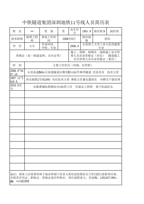 中铁隧道集团深圳地铁11号线人员简历表