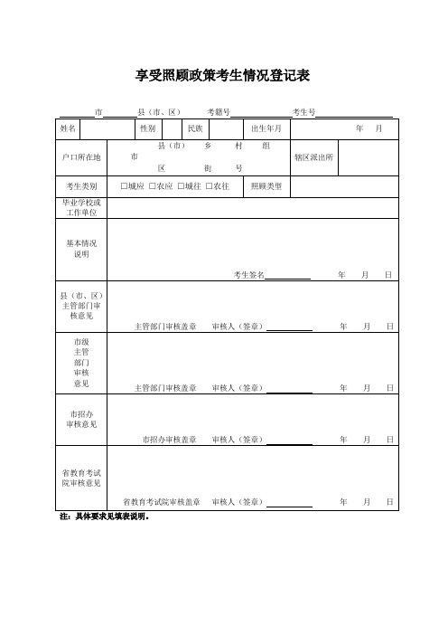 享受照顾政策考生情况登记表