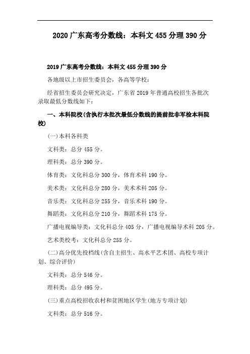 2020广东高考分数线：本科文455分理390分