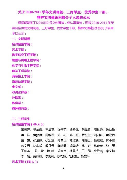 关于2010-2011学年文明班级、三好学生、优秀学生干部、精神文明建设积极分子人选的公示