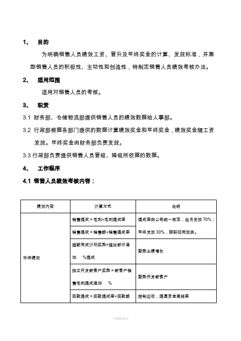 销售人员绩效考核办法