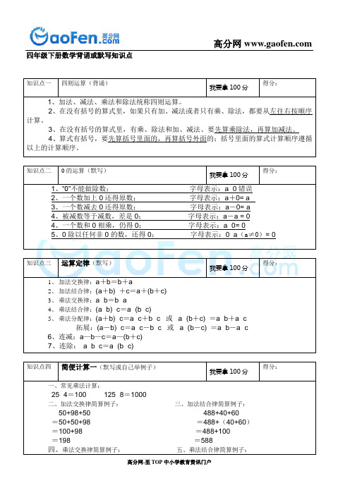 苏教版  四年级下册数学背诵或默写知识点【复习资料】
