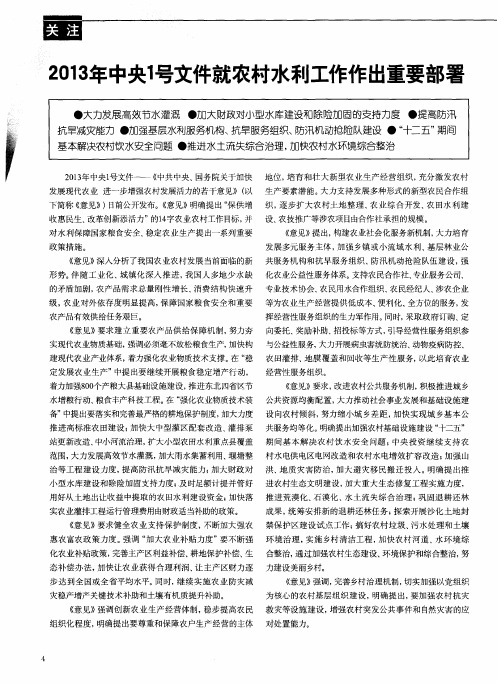 2013年中央1号文件就农村水利工作作出重要部署