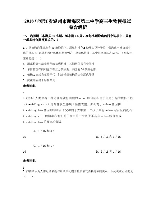 2018年浙江省温州市瓯海区第二中学高三生物模拟试卷含解析