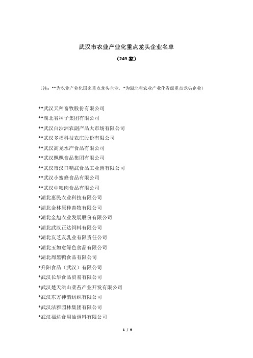 2012年武汉市农业产业化重点龙头企业名单