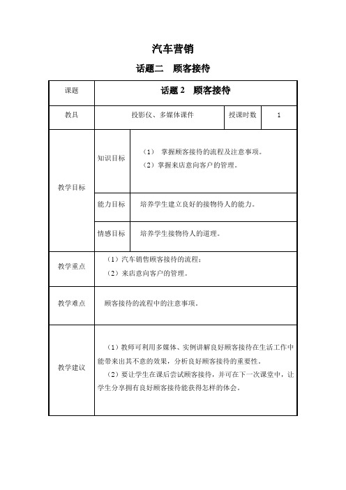 《汽车营销实务》项目二话题二2.顾客接待教案