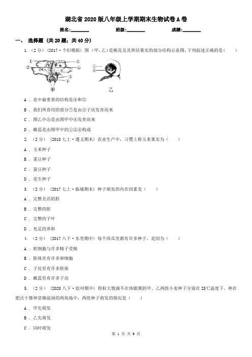 湖北省2020版八年级上学期期末生物试卷A卷