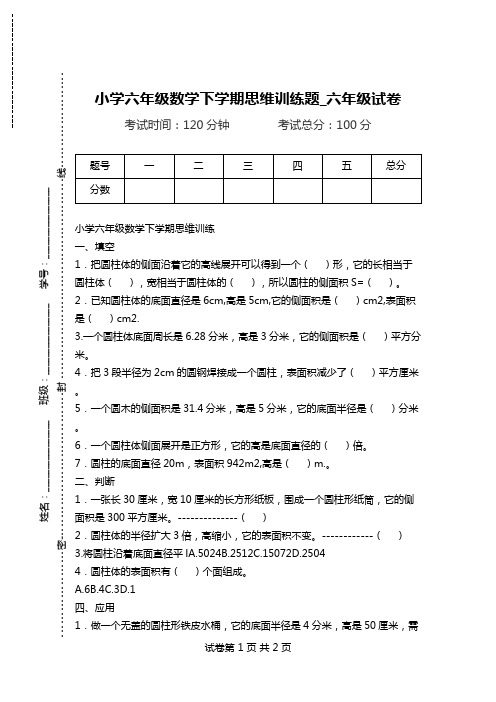 小学六年级数学下学期思维训练题_六年级试卷.doc