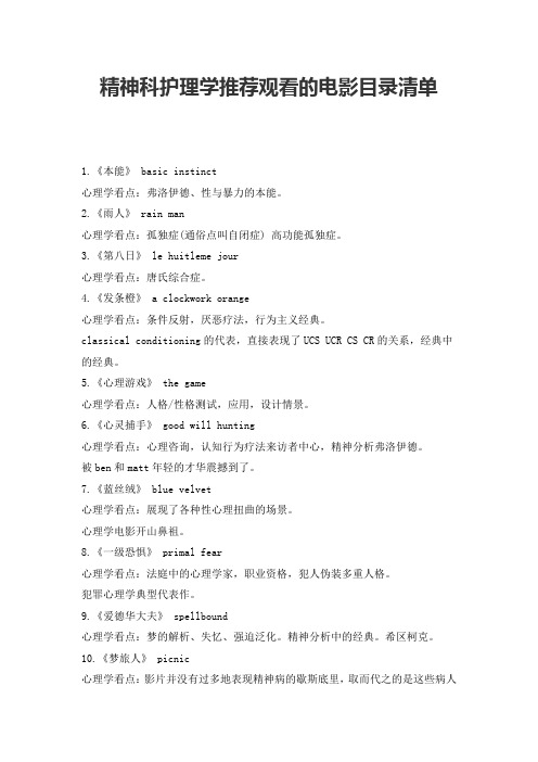 精神科护理学推荐观看的电影目录清单