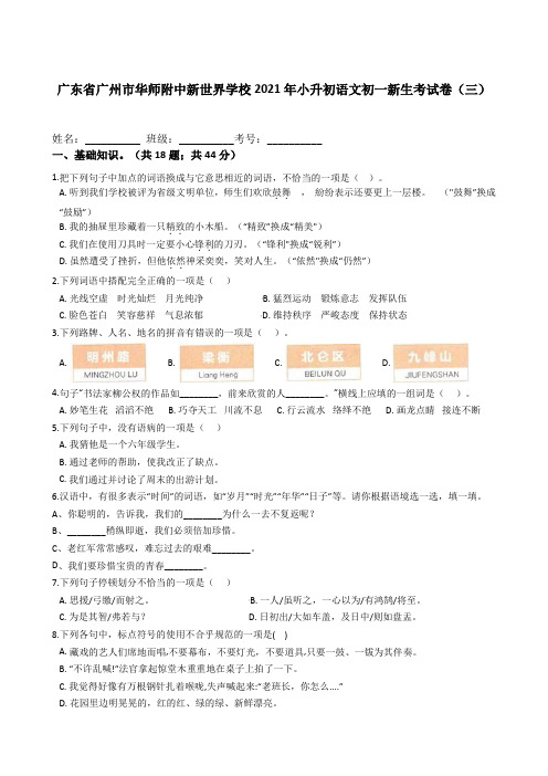 统编版六年级语文下册试题广东省广州市华师附中新世界学校2021年小升初语文考试卷(三)(附答案)