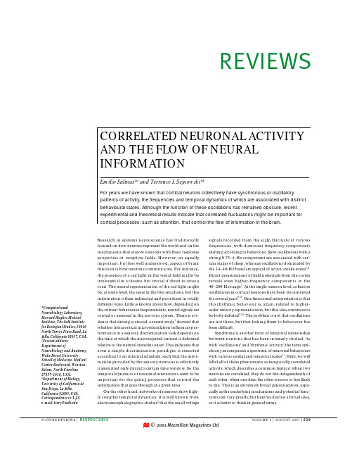 Correlated neuronal activity and the flow of neural information SalinasSejnowski(2001)