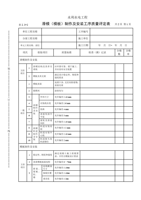 (滑模)模板制作及安装工序质量评定表
