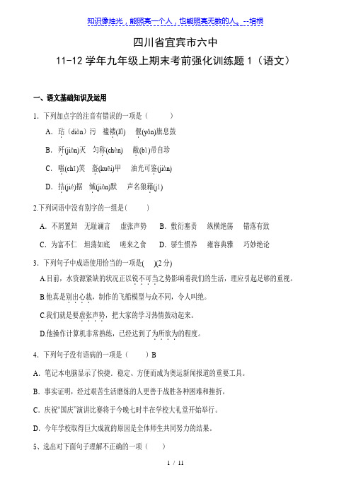 四川省宜宾市六中11-12学年九年级上期末考前强化训练题1(语文)