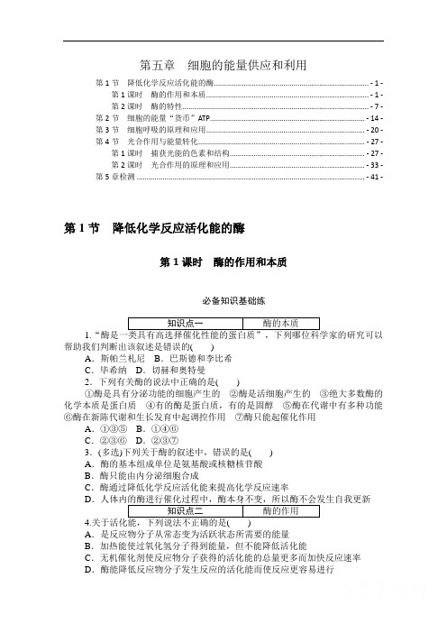 新教材 人教版高中生物必修1分子与细胞 第五章 细胞的能量供应和利用 课时分层练习 含解析