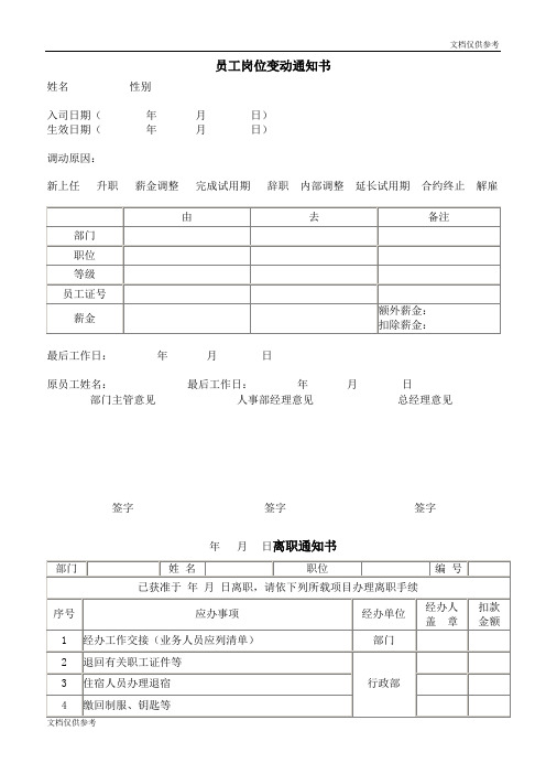 离职通知书+员工岗位变动通知书