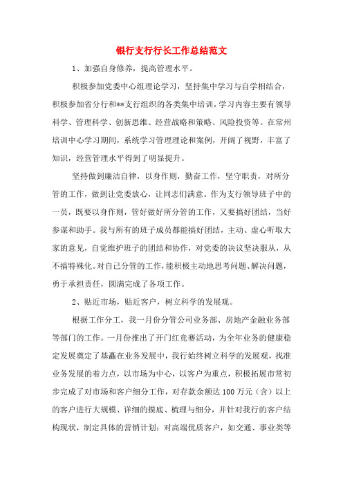 2019年银行支行行长工作总结范文